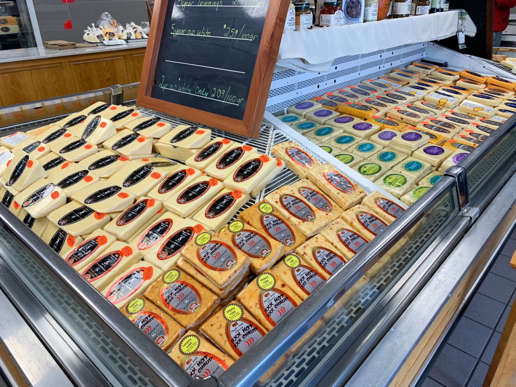 Maple Dale Cheese, north of Belleville, Ontario, sells a variety of cheese and other food products.