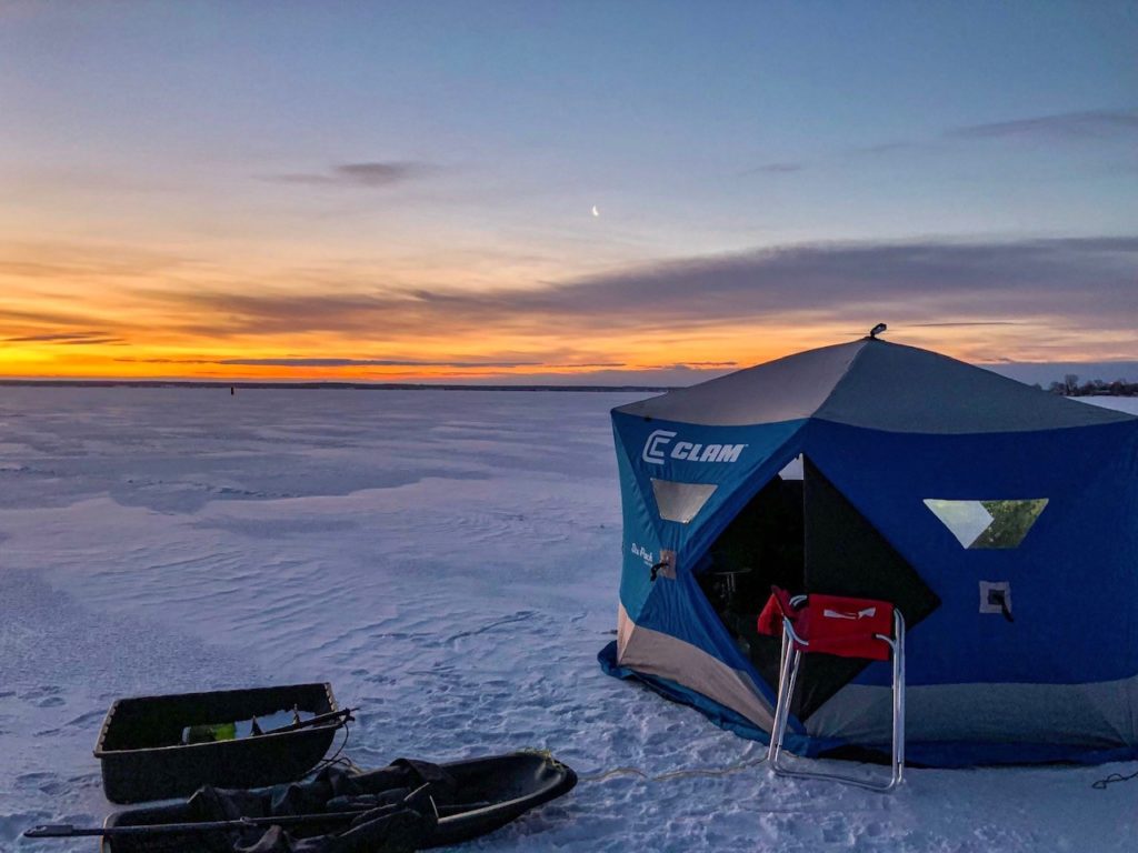 Ice fishing hut on the Bay of Quinte at sunrise